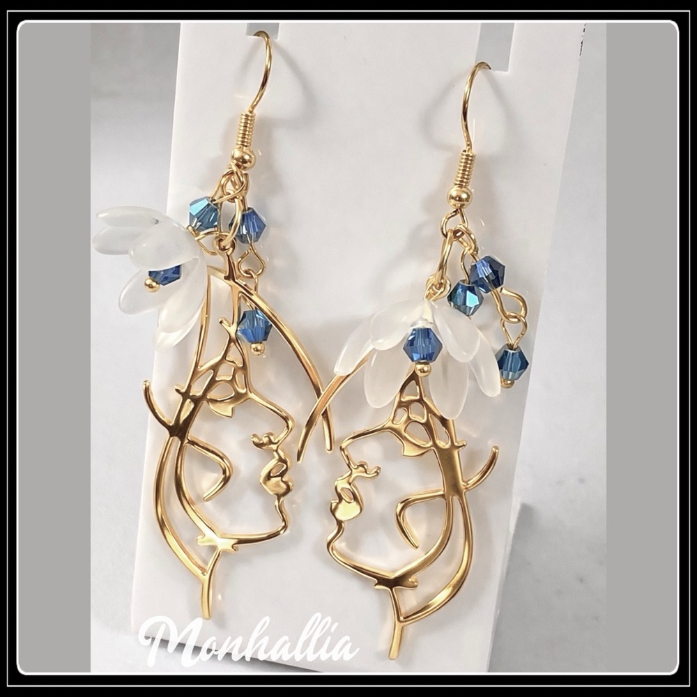 New Abstract Muse Face Gold Steel Line Art White Petal Blue Crystal Earrings